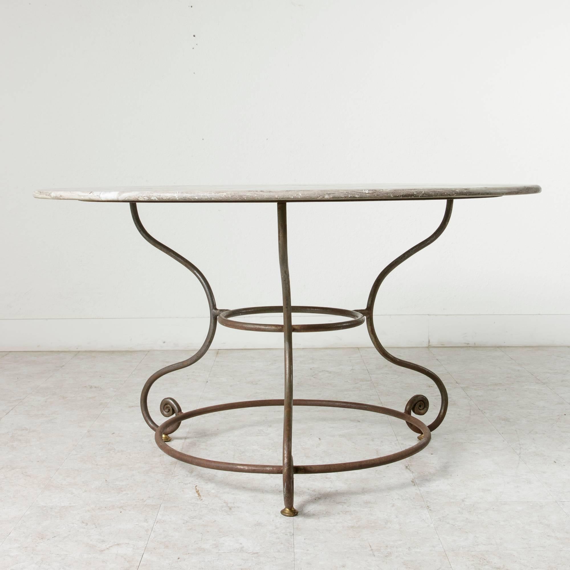 French Large Round Iron Base Garden Table with Exceptional Marble Top 3