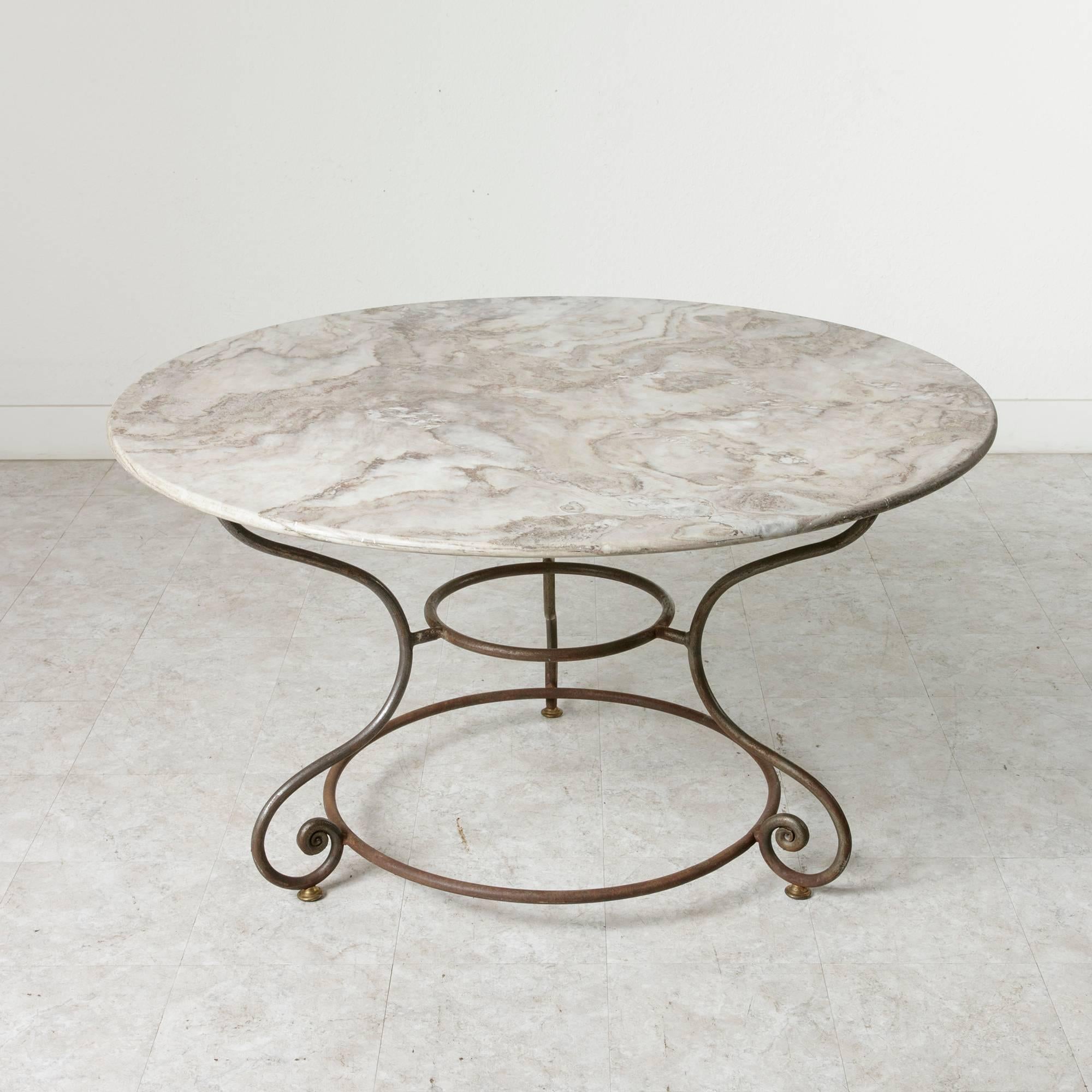 French Large Round Iron Base Garden Table with Exceptional Marble Top 2
