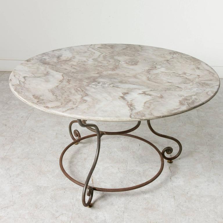 French Large Round Iron Base Garden Table with Exceptional Marble Top
