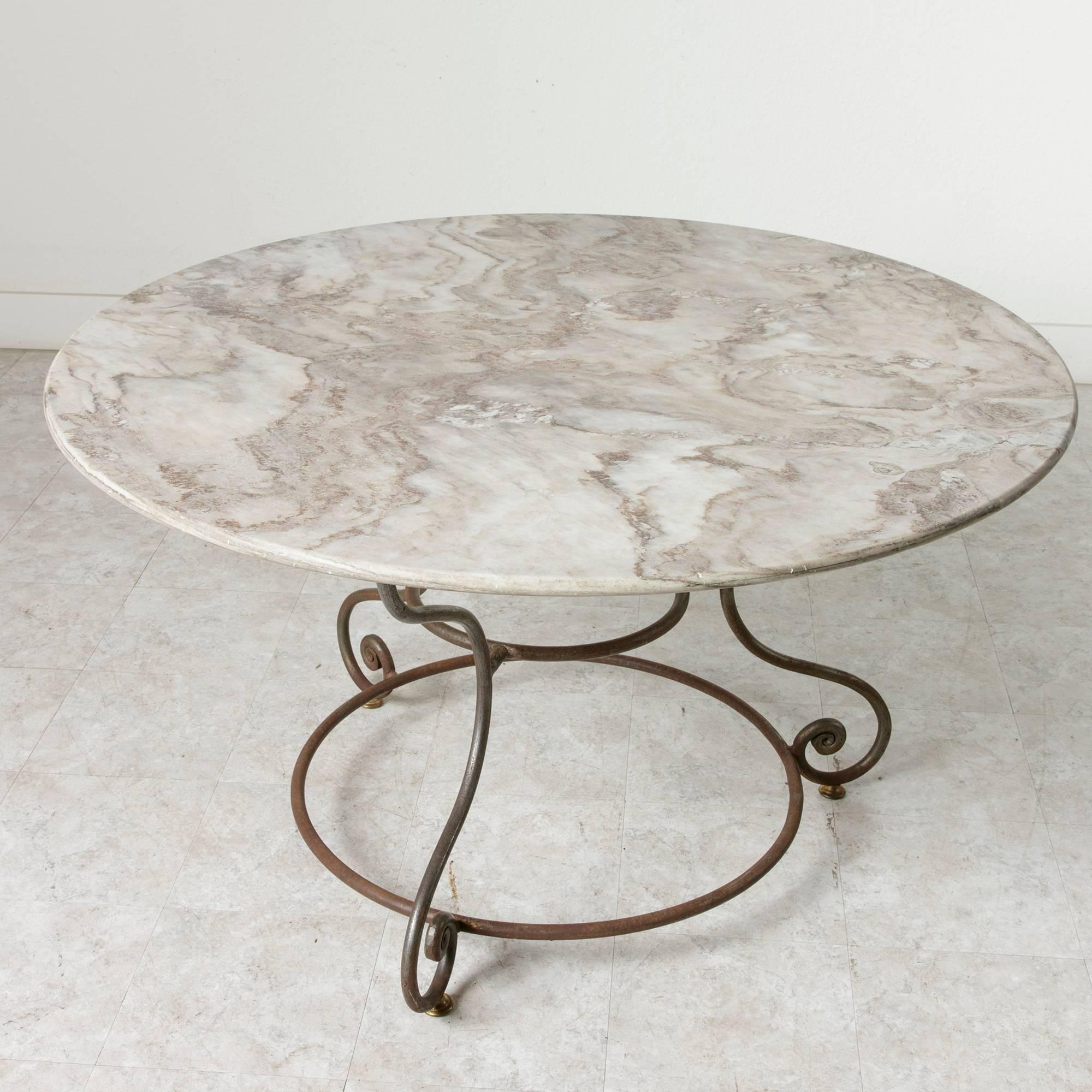 French Large Round Iron Base Garden Table with Exceptional Marble Top 1