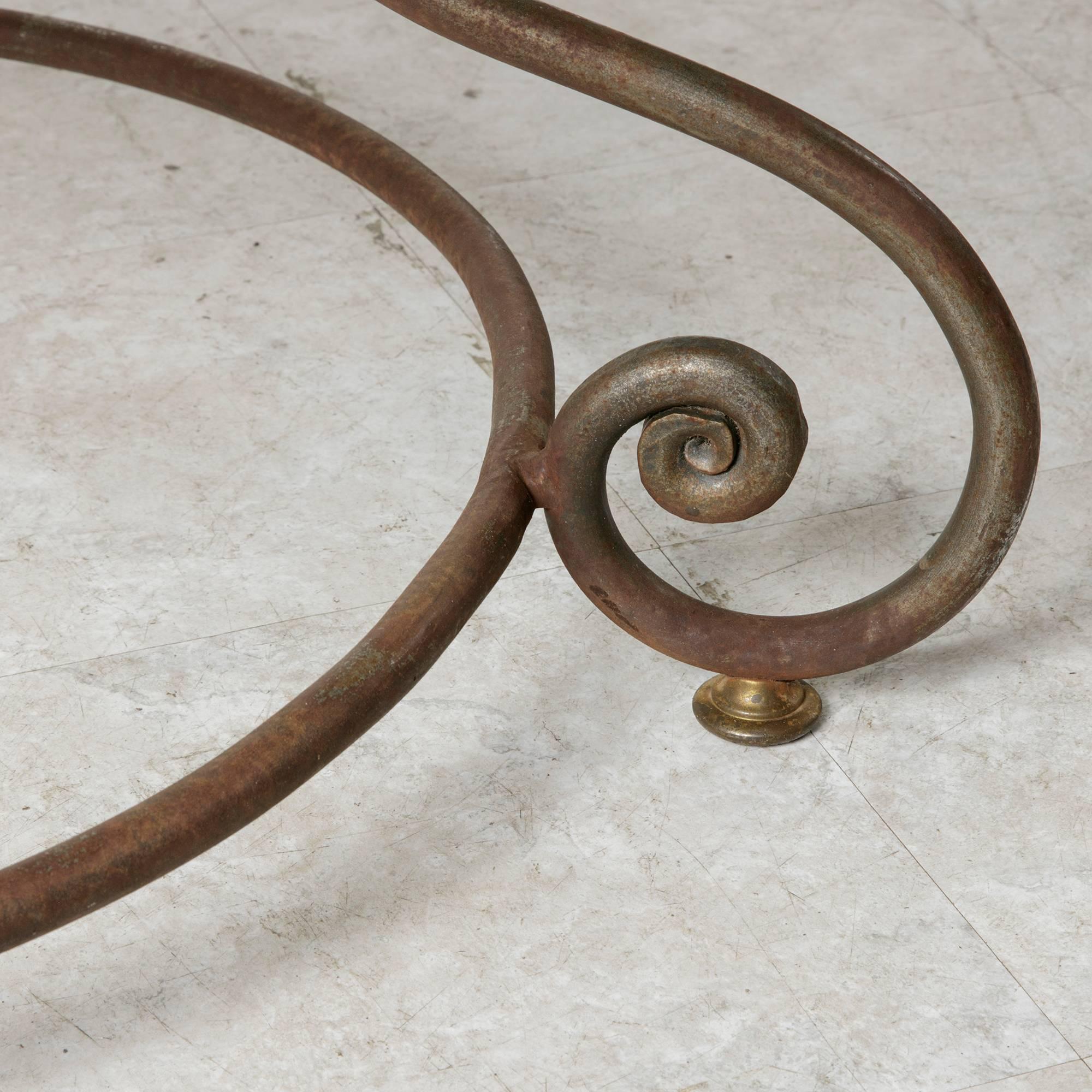 20th Century French Large Round Iron Base Garden Table with Exceptional Marble Top