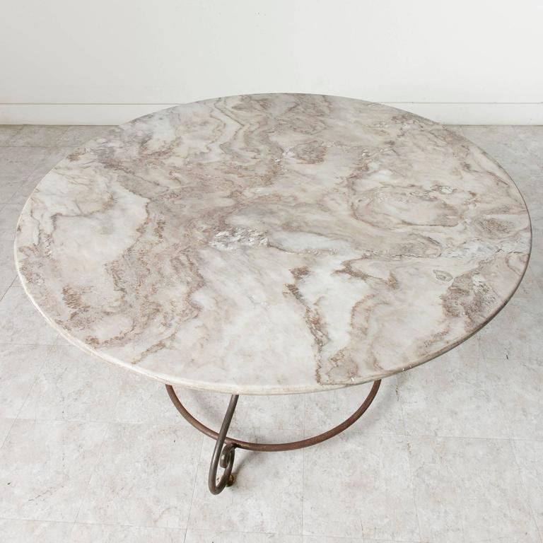 French Large Round Iron Base Garden Table with Exceptional Marble Top