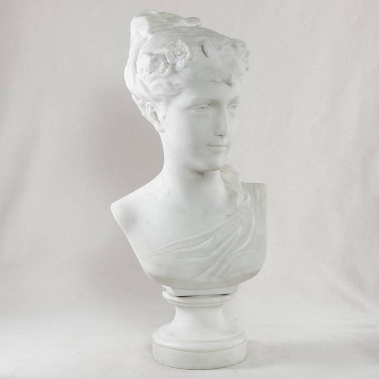 Late 19th Century French Marble Bust or Sculpture of a Young Woman, Signed In Good Condition In Fayetteville, AR
