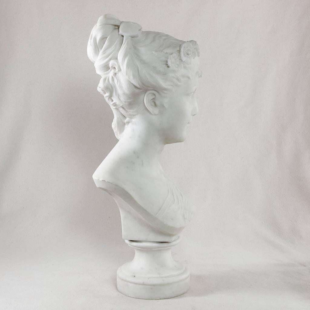 Late 19th Century French Marble Bust or Sculpture of a Young Woman, Signed In Good Condition In Fayetteville, AR