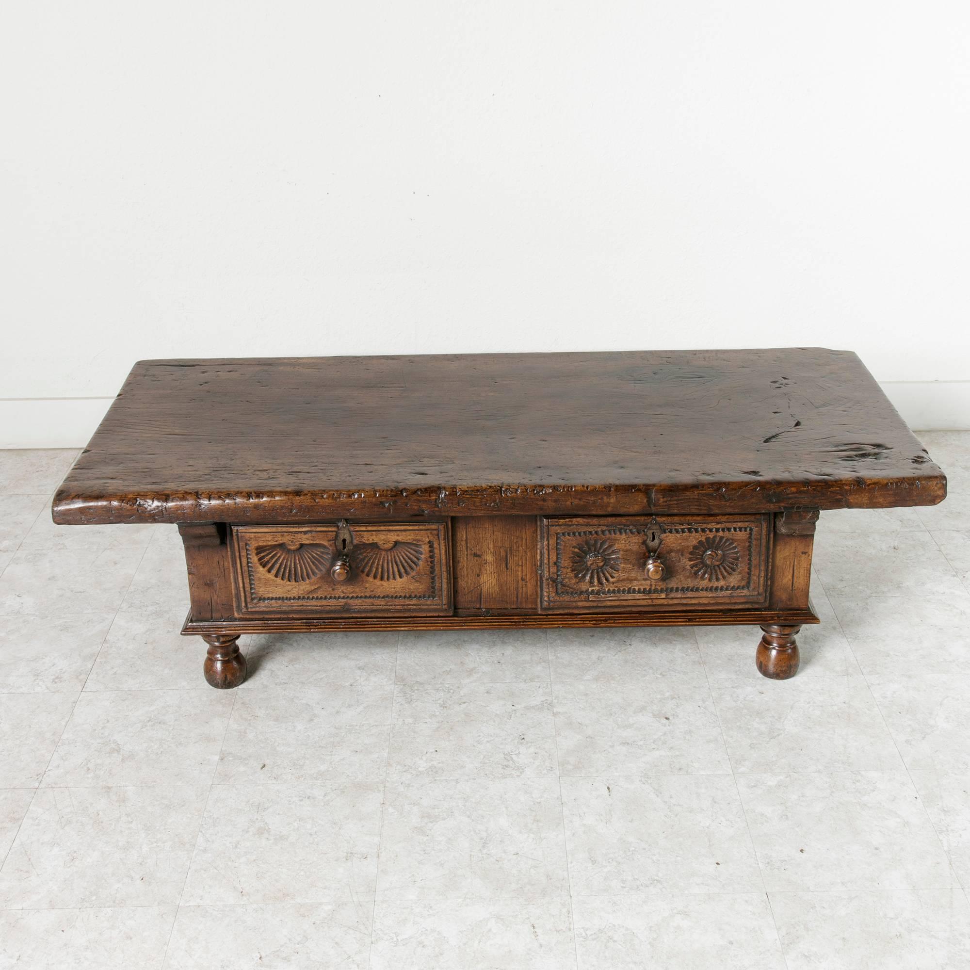 Hand-Carved 18th Century Spanish Coffee Table Made of One Single Piece of Walnut Two Drawers