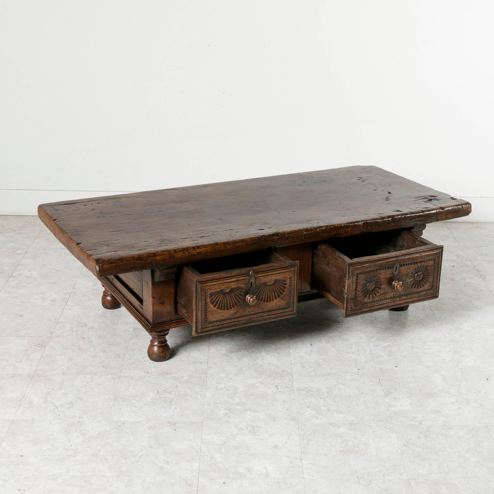 18th Century Spanish Coffee Table Made of One Single Piece of Walnut Two Drawers 5