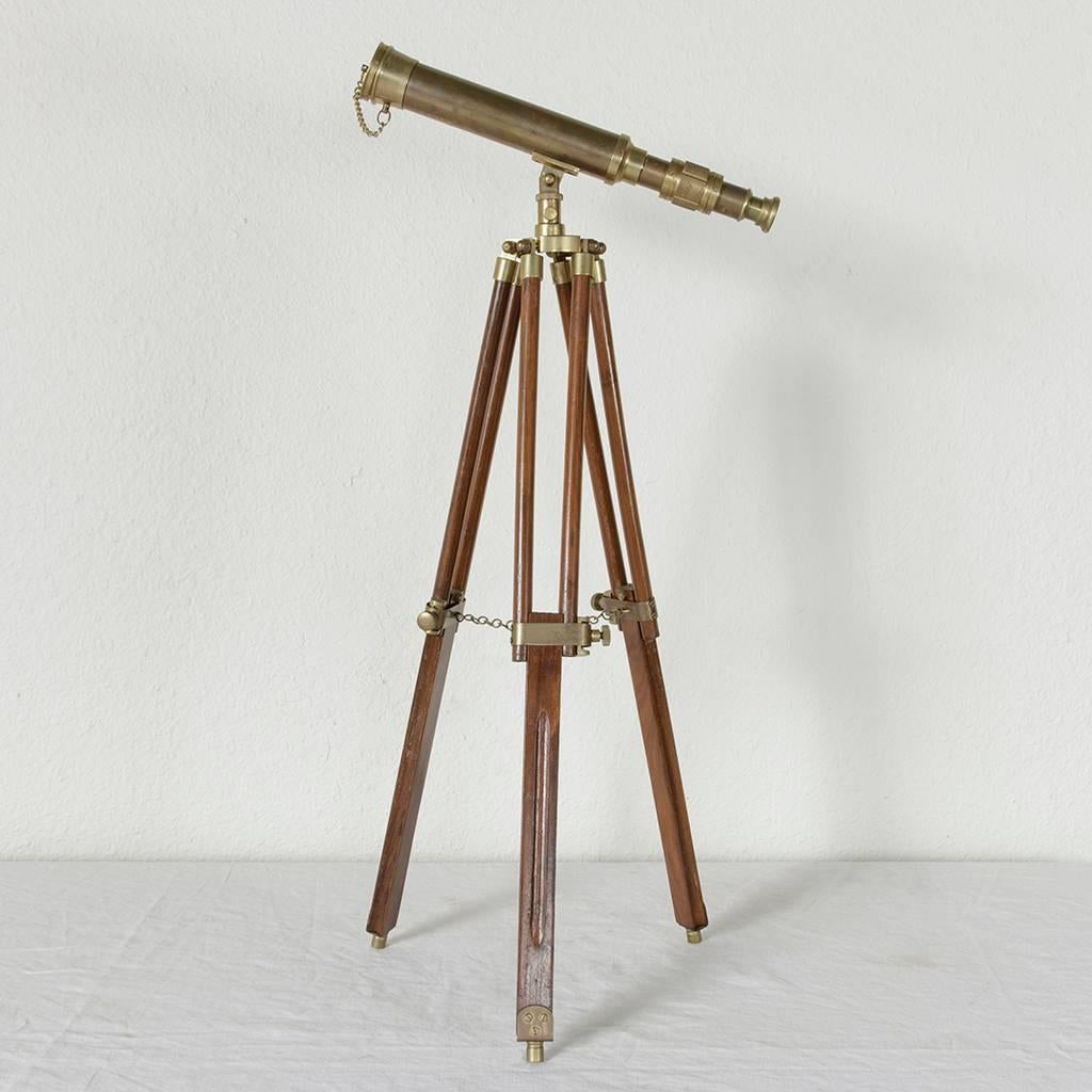 French Mid-Century Brass Telescope on Mahogany Tripod Base Adjustable Height 2