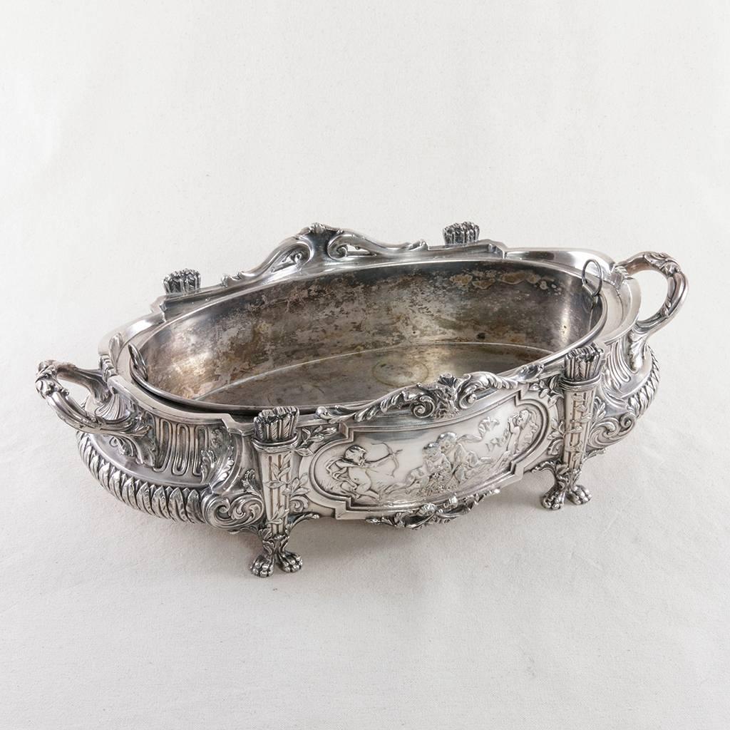 This late 19th century silver plate jardinière is stamped on the bottom by the foundry of renown French goldsmith and silversmith, Victor Saglier (1809-1894). His signature includes the city seal of Paris and his initials VS. 
 Mastery of his
