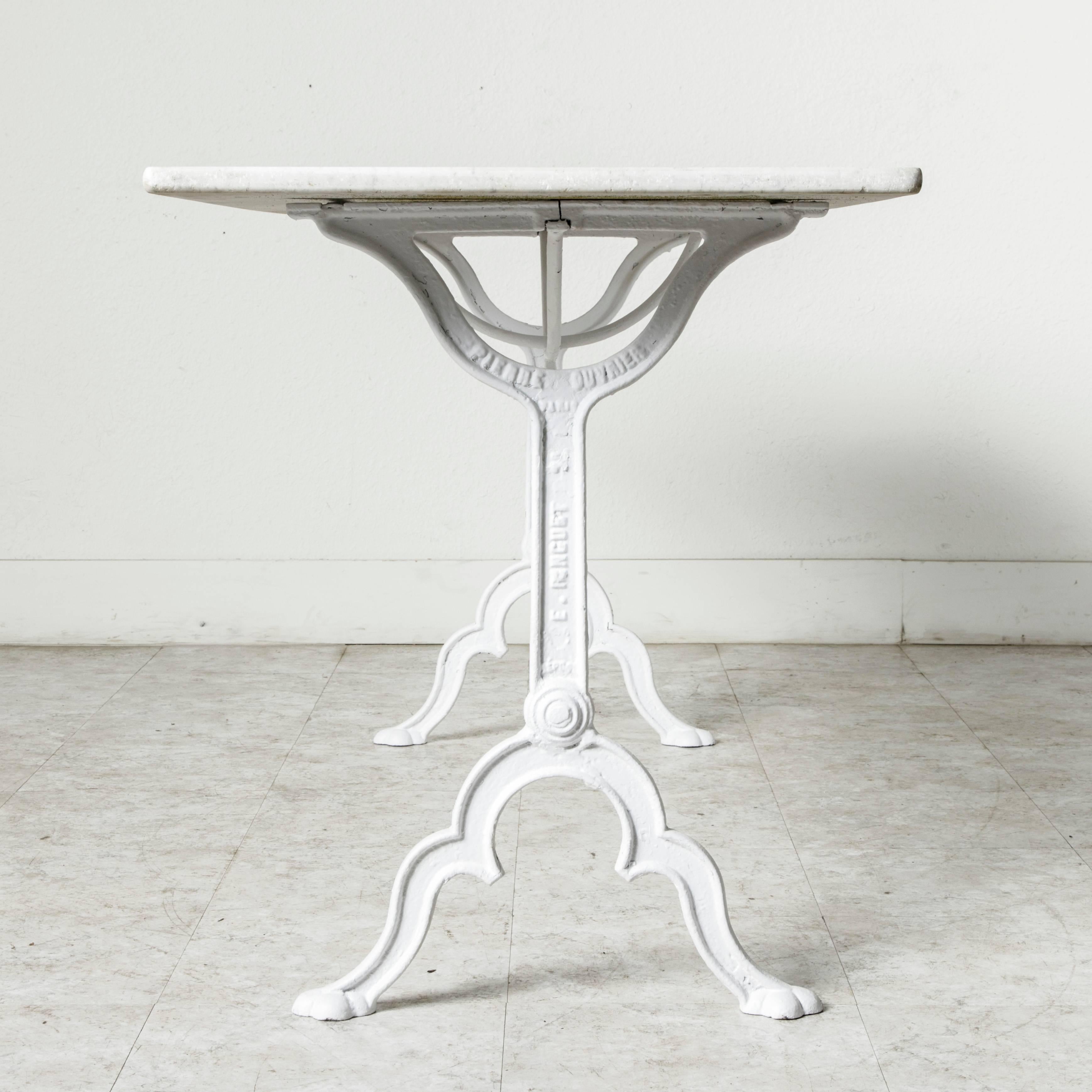 Long French Iron Bistro Table Console Table Sofa Table Carrara Marble Top, 1930s 1