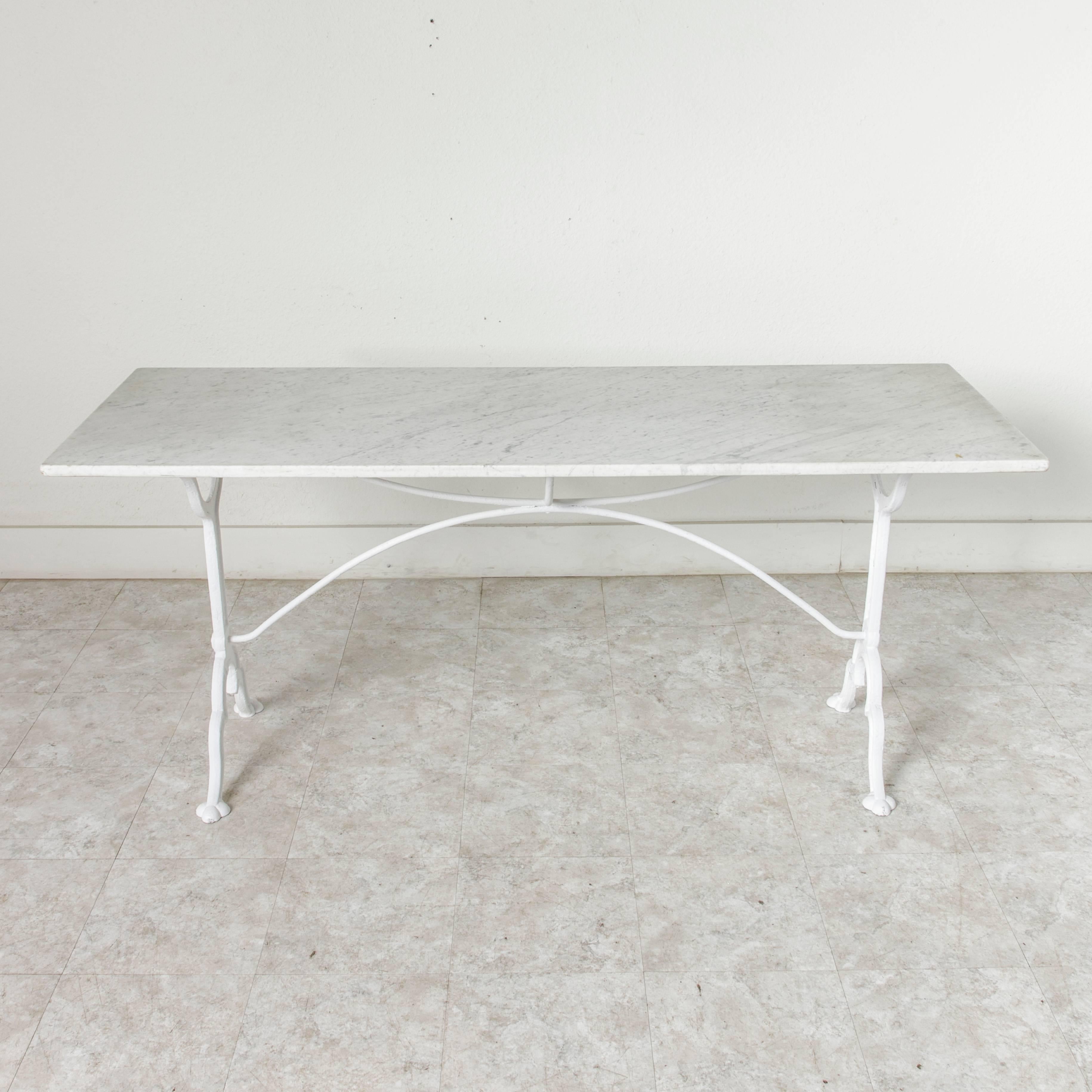 Cast Long French Iron Bistro Table Console Table Sofa Table Carrara Marble Top, 1930s