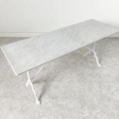 Long French Iron Bistro Table Console Table Sofa Table Carrara Marble Top, 1930s