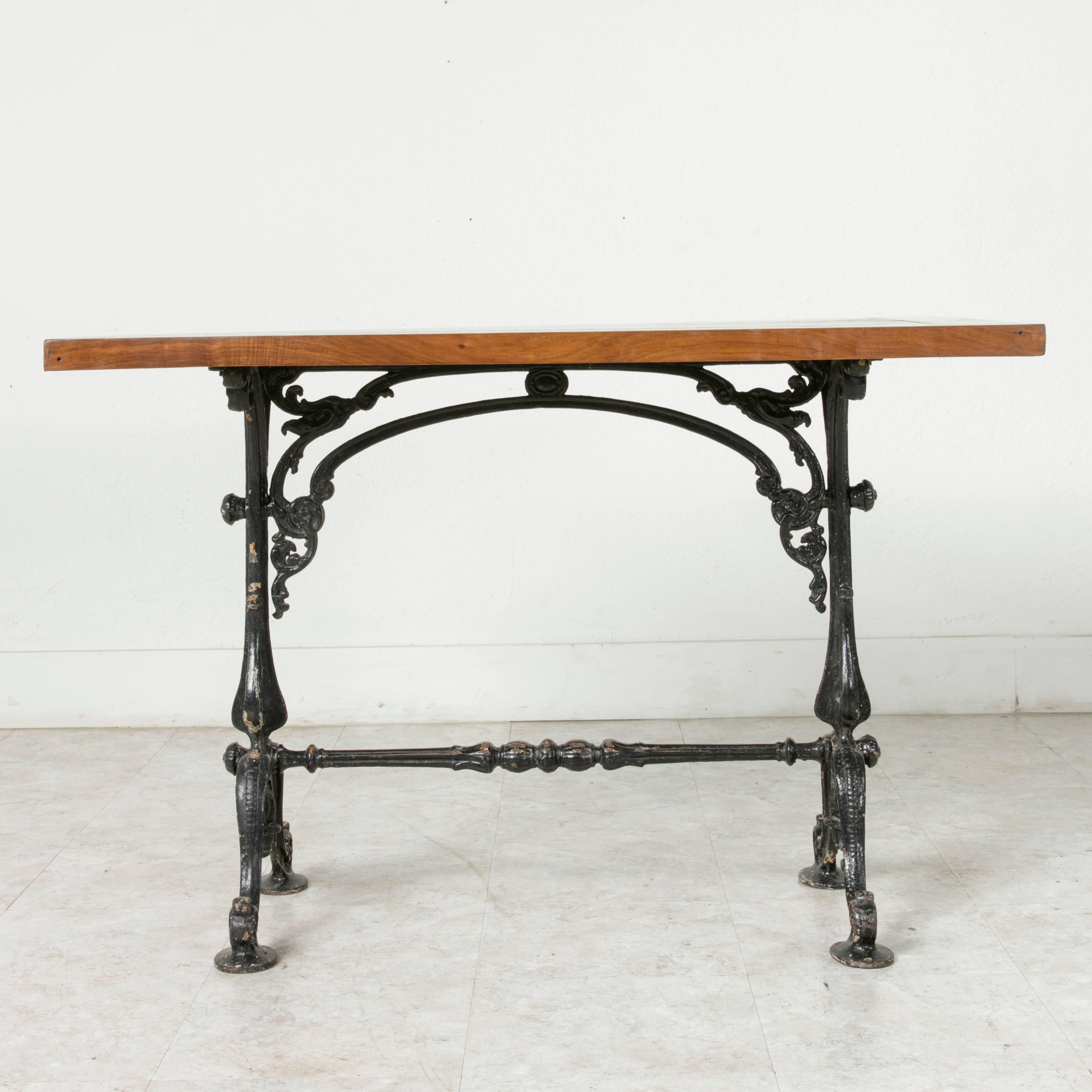 French Late 19th Century Cast Iron Bistro Table Cafe Table with Solid Walnut Top