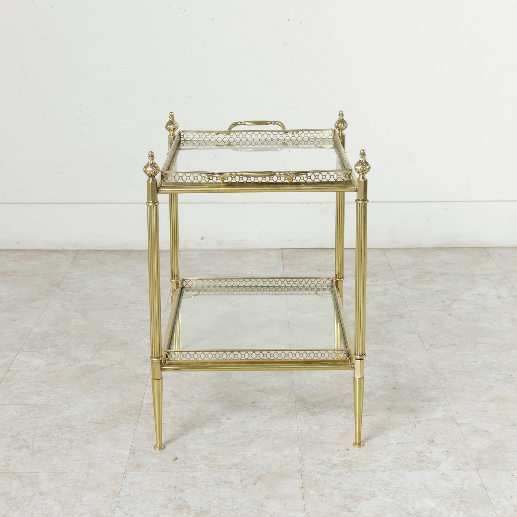 20th Century Mid-Century French, Louis XVI Style Brass Side Table, Two Removable Glass Trays
