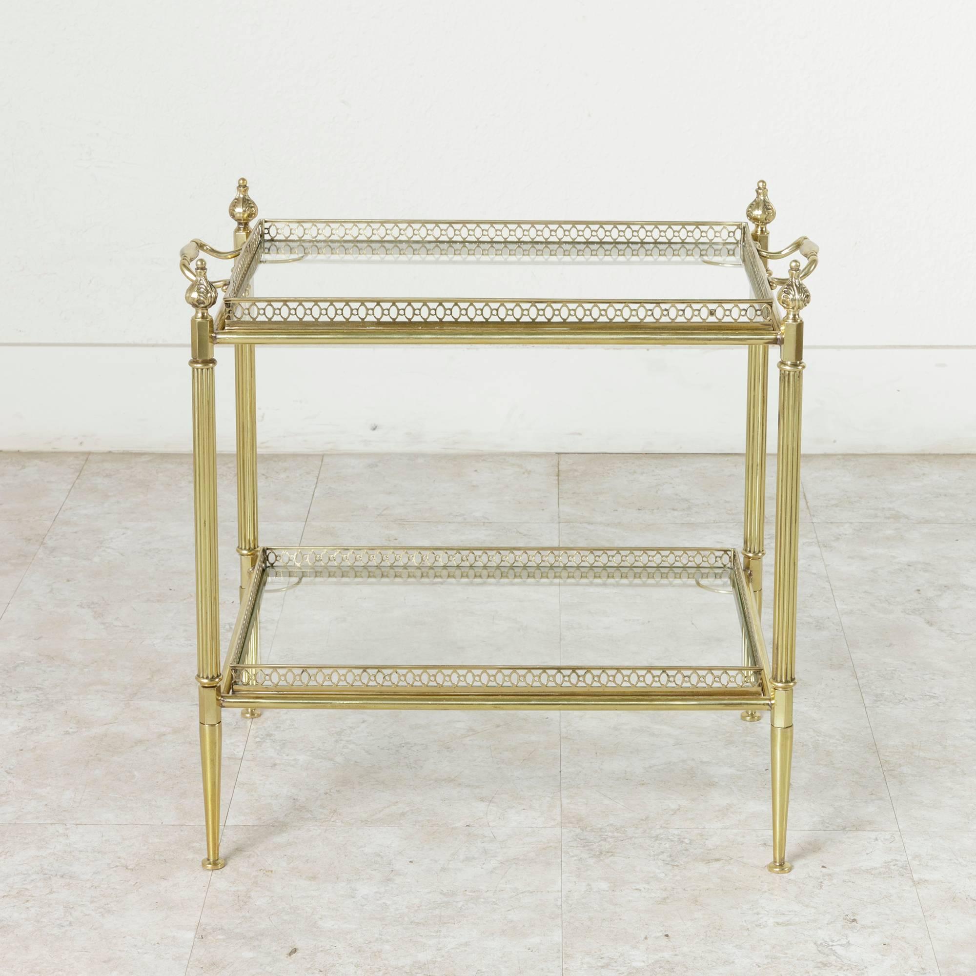 Mid-Century French, Louis XVI Style Brass Side Table, Two Removable Glass Trays In Excellent Condition In Fayetteville, AR