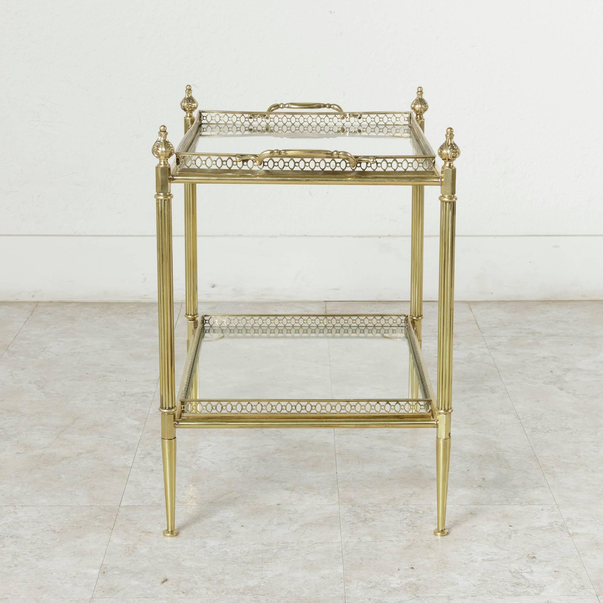 Mid-Century French, Louis XVI Style Brass Side Table, Two Removable Glass Trays 2