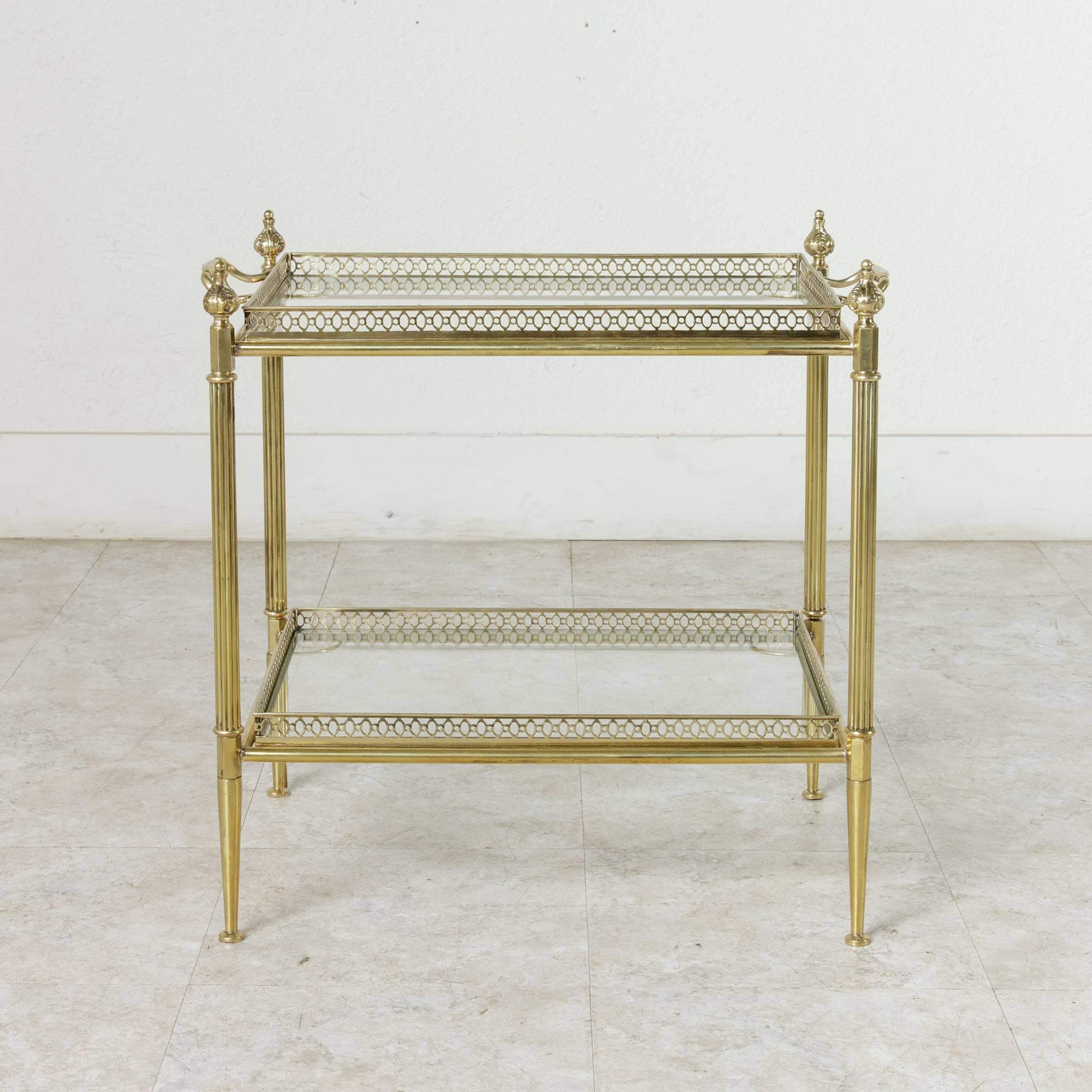 Mid-Century French, Louis XVI Style Brass Side Table, Two Removable Glass Trays 1