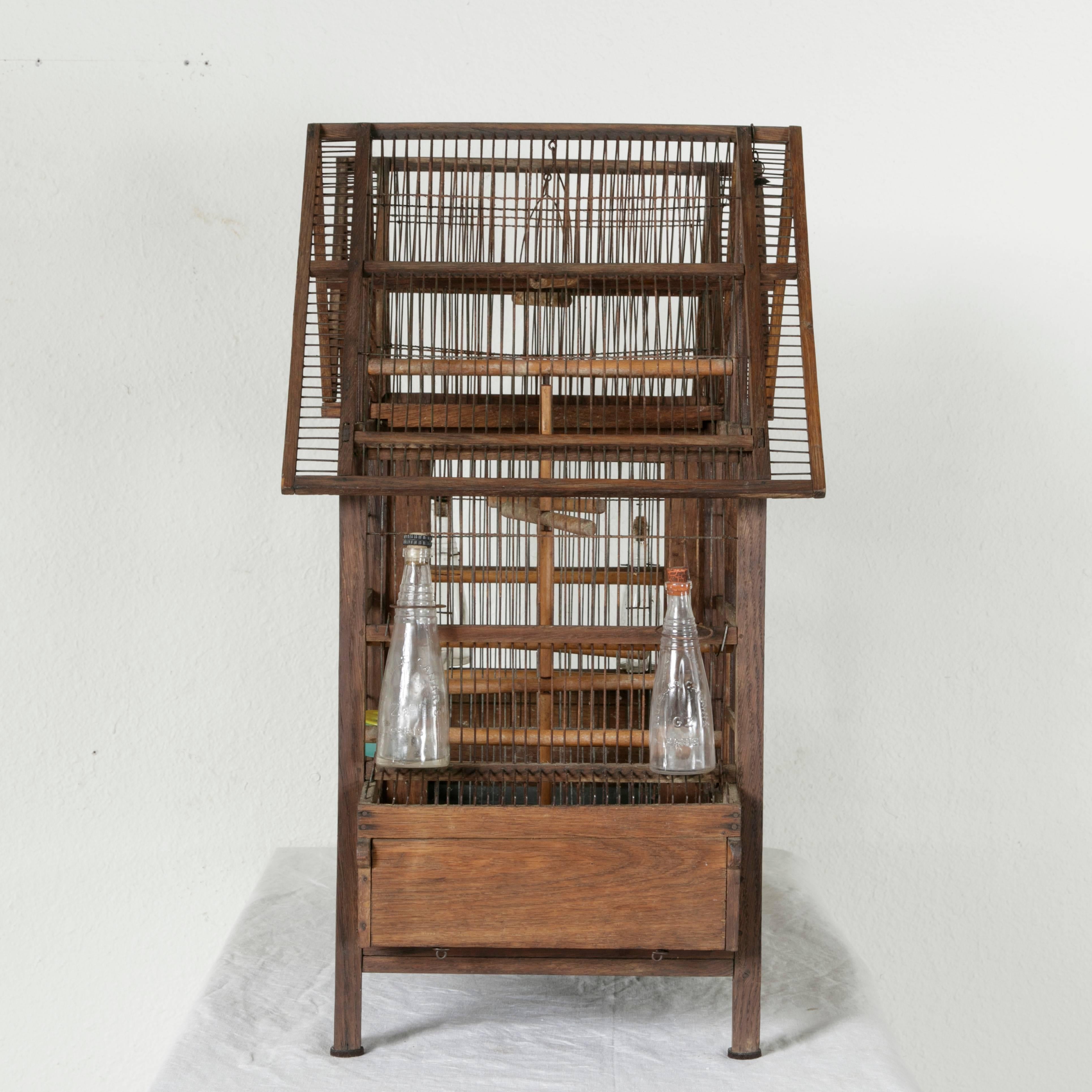 French Early 20th Century Double Gabled Wood and Wire Birdcage with Two Compartments