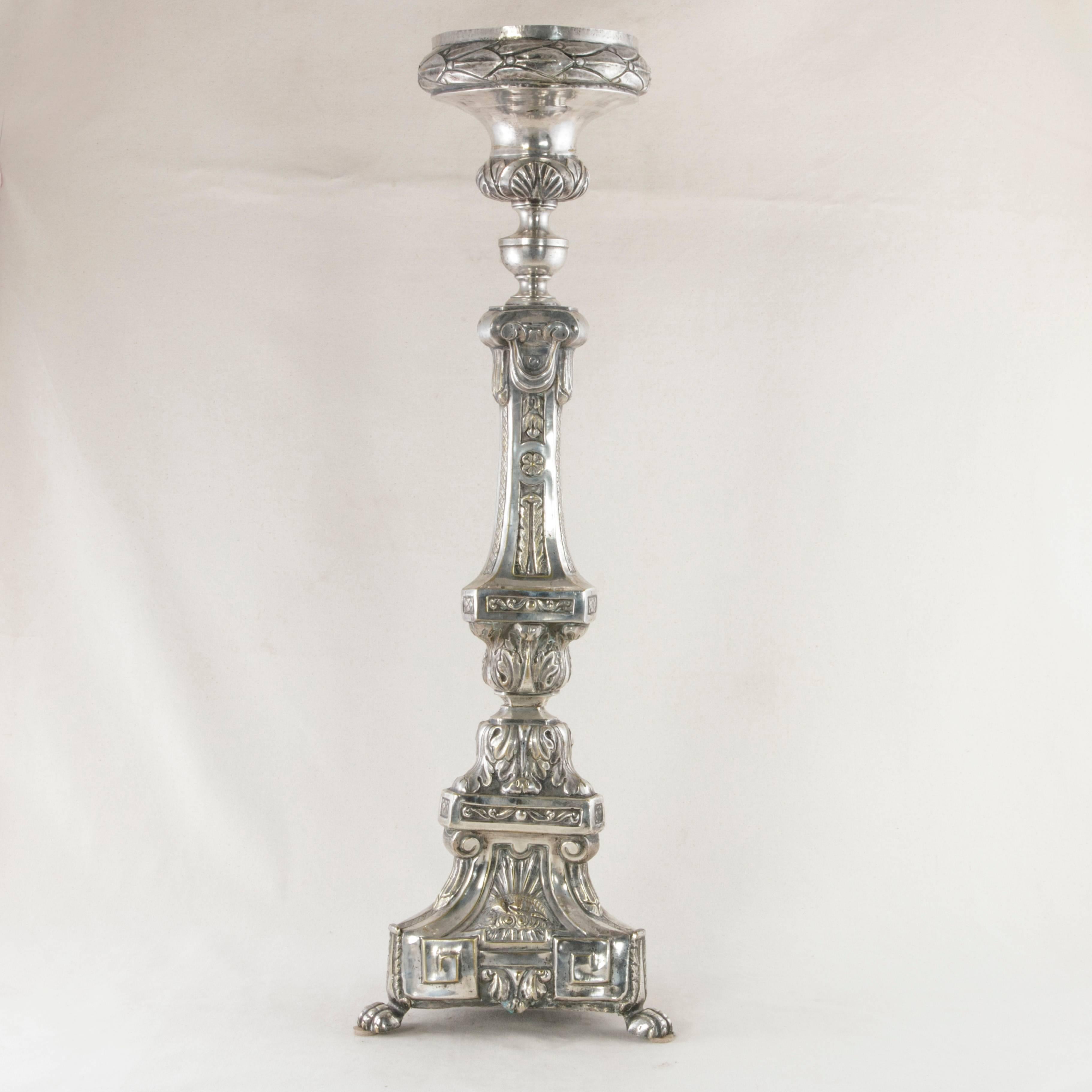 Repoussé Late 19th Century Very Tall Silver Repousse Pricket, Candlestick, Pic-Cierge