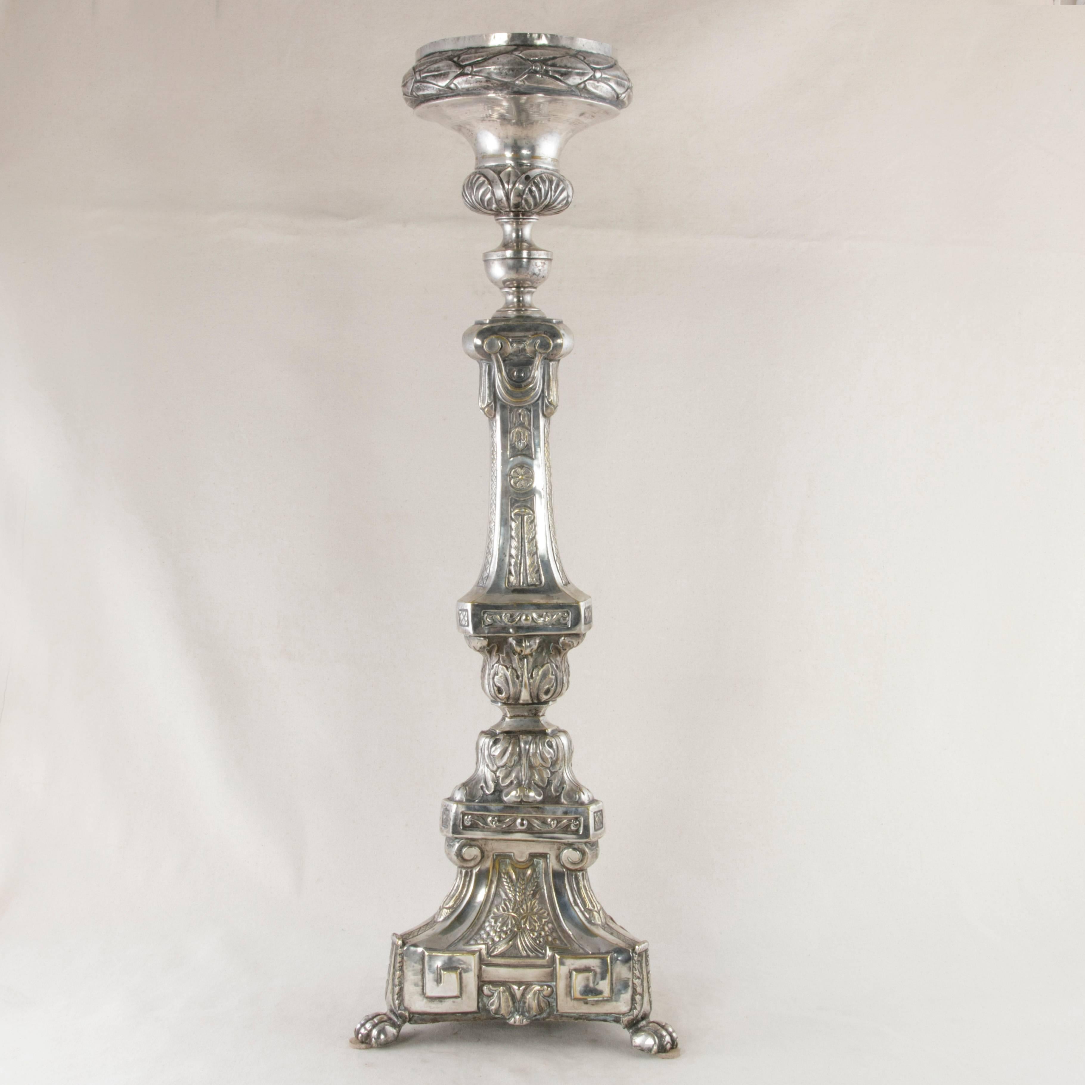 Silver Plate Late 19th Century Very Tall Silver Repousse Pricket, Candlestick, Pic-Cierge