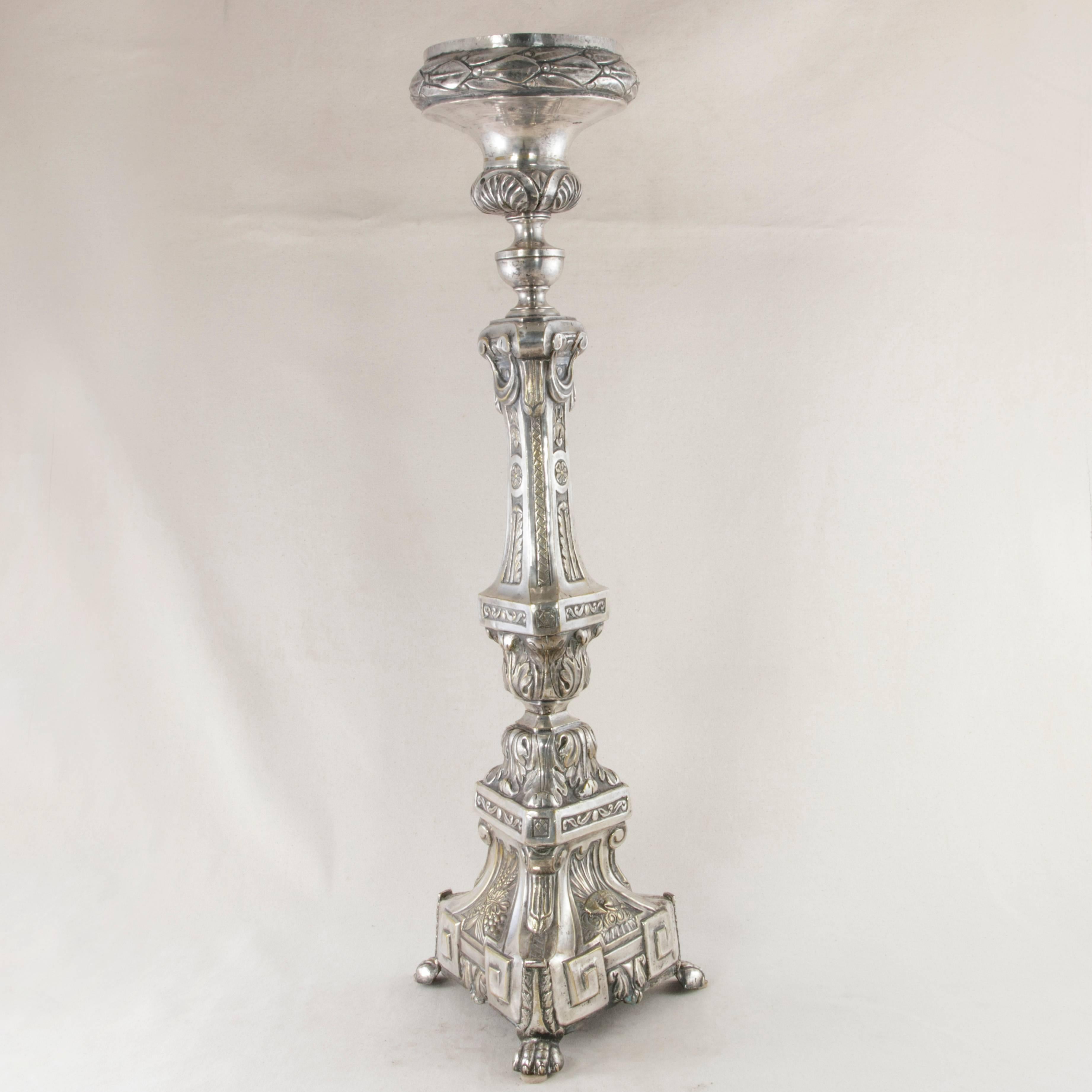 Late 19th Century Very Tall Silver Repousse Pricket, Candlestick, Pic-Cierge 1
