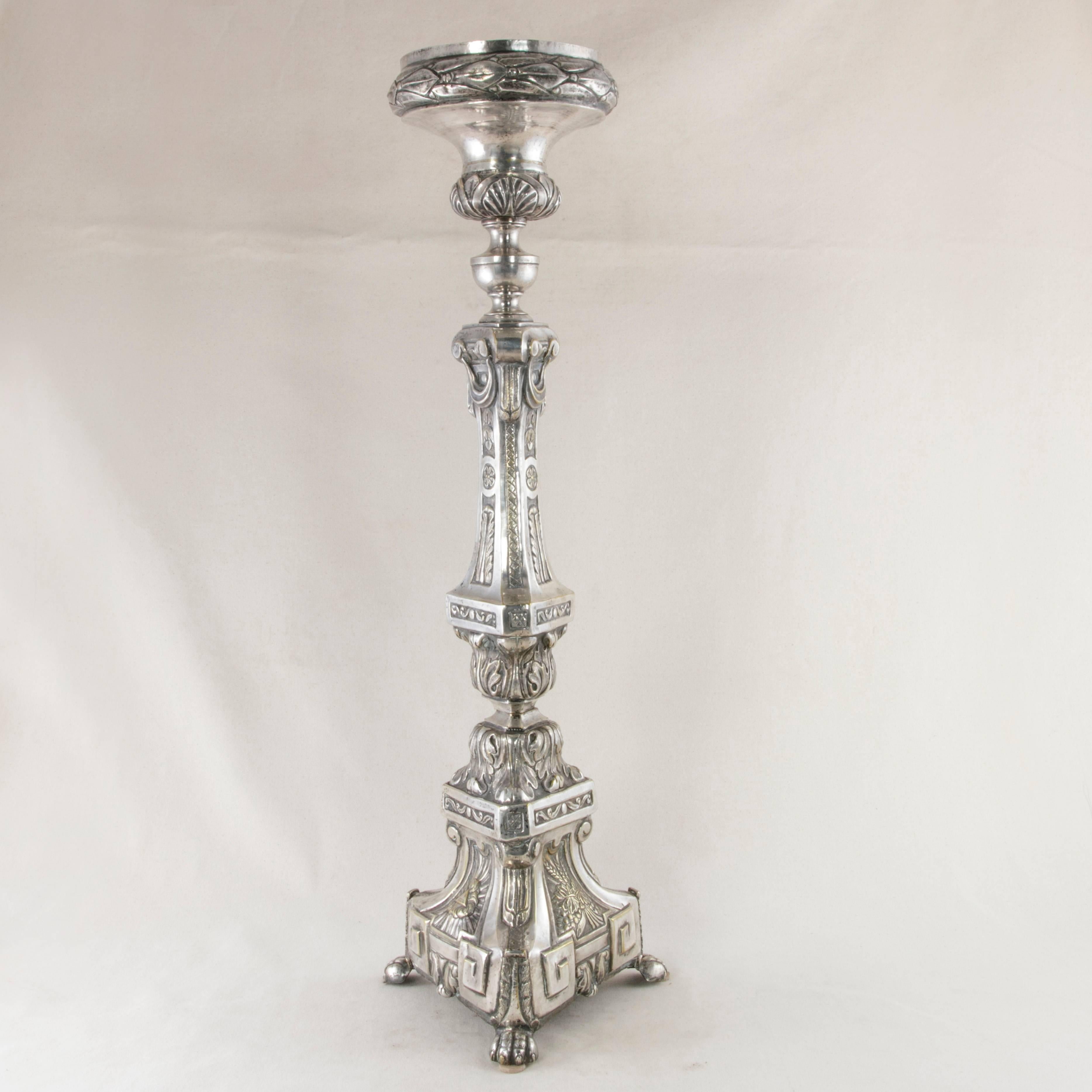 French Late 19th Century Very Tall Silver Repousse Pricket, Candlestick, Pic-Cierge