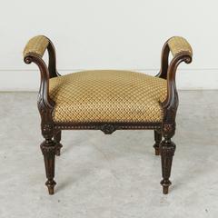 Late 19th Century Hand-Carved Walnut Vanity Bench Upholstered with Nailhead Trim