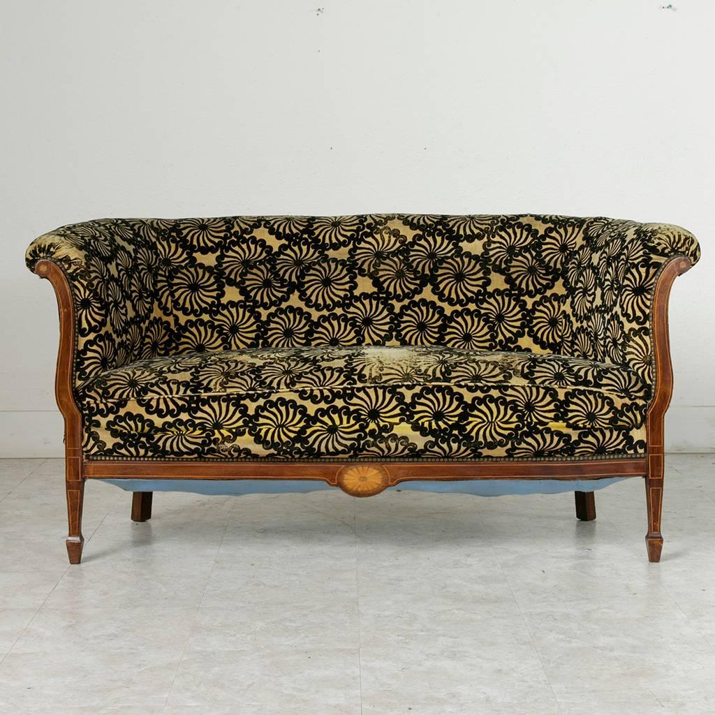 Early 20th Century French Art Deco Period Mahogany Sofa Settee with Lemonwood and Sycamore Inlay