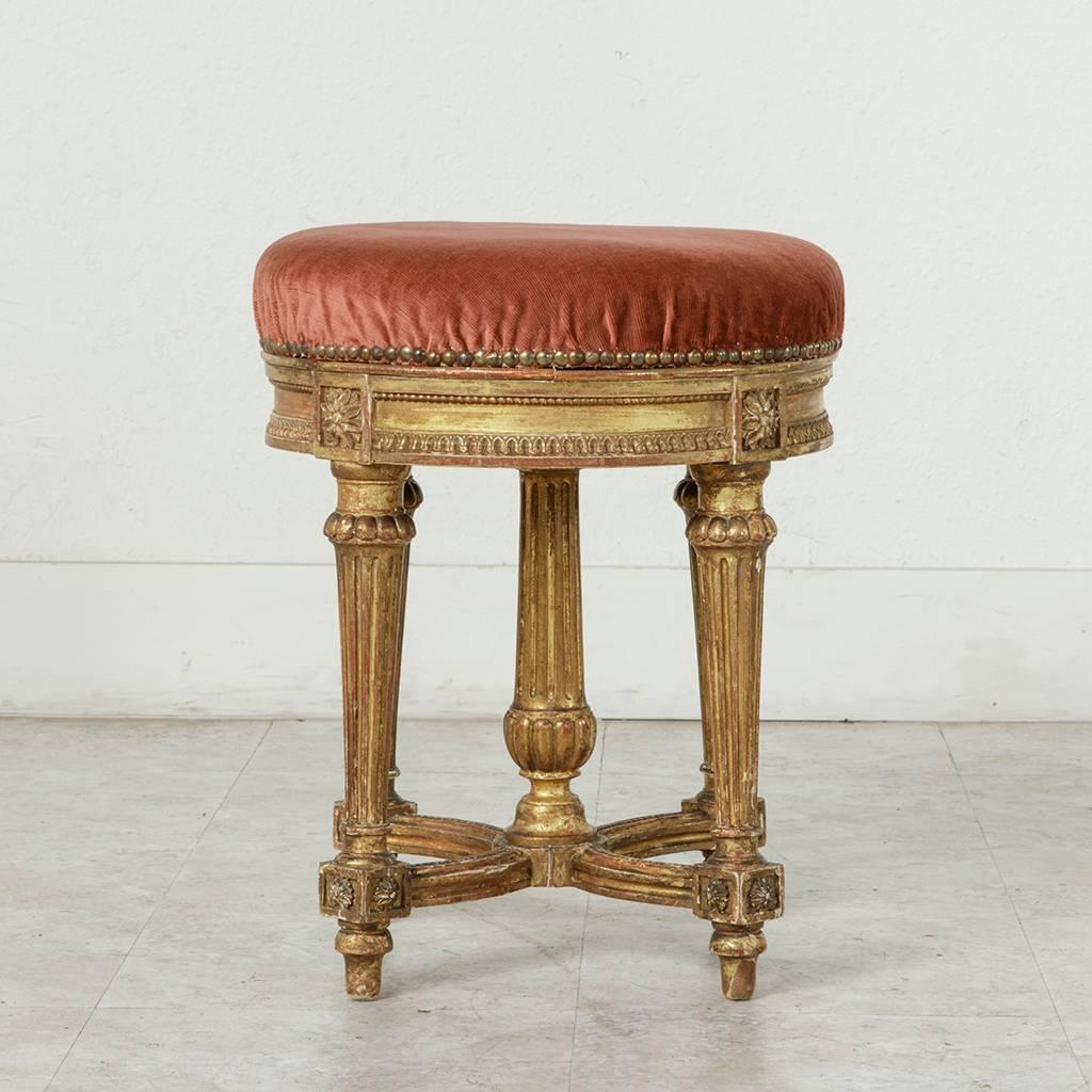 Mid-19th Century Louis XVI Style Giltwood Vanity Stool with Mohair Upholstery In Excellent Condition In Fayetteville, AR