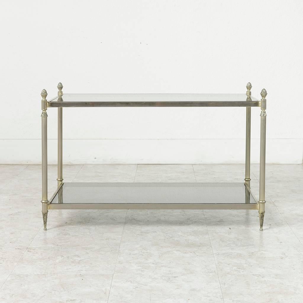 Silvered Mid-Century Silver Plated Brass Louis XVI Maison Baguès Coffee Table with Glass