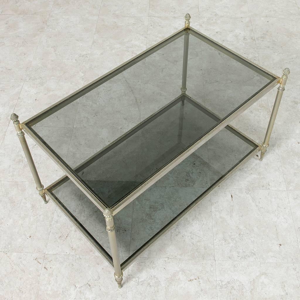 French Mid-Century Silver Plated Brass Louis XVI Maison Baguès Coffee Table with Glass