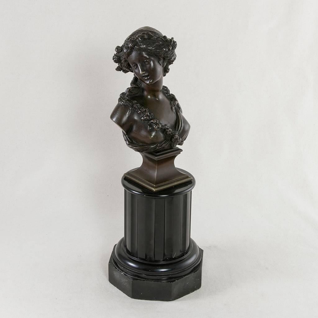 19th Century Bronze Bust of a Young Woman on a Marble Column Base J.C. Marin 1