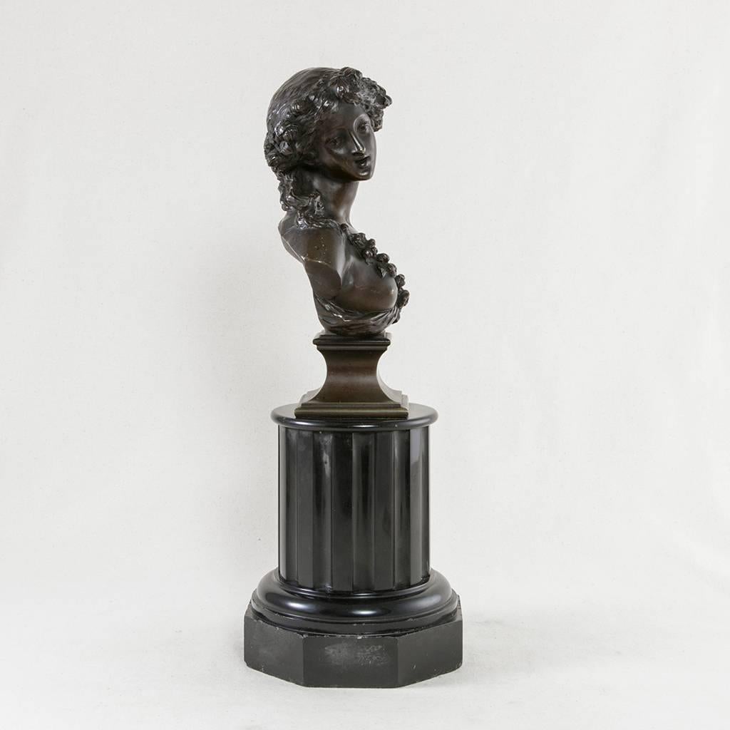 19th Century Bronze Bust of a Young Woman on a Marble Column Base J.C. Marin 3