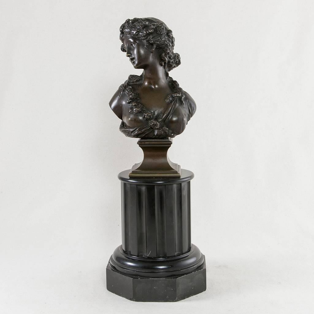 19th Century Bronze Bust of a Young Woman on a Marble Column Base J.C. Marin 2