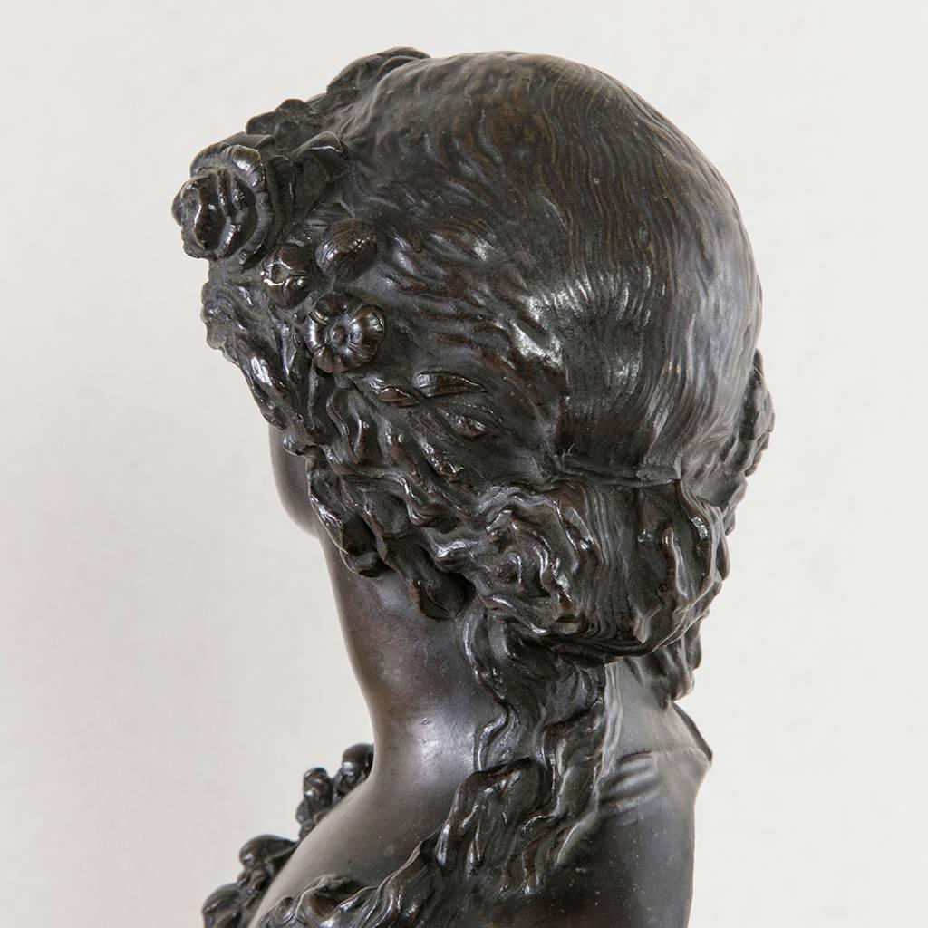 19th Century Bronze Bust of a Young Woman on a Marble Column Base J.C. Marin In Excellent Condition In Fayetteville, AR
