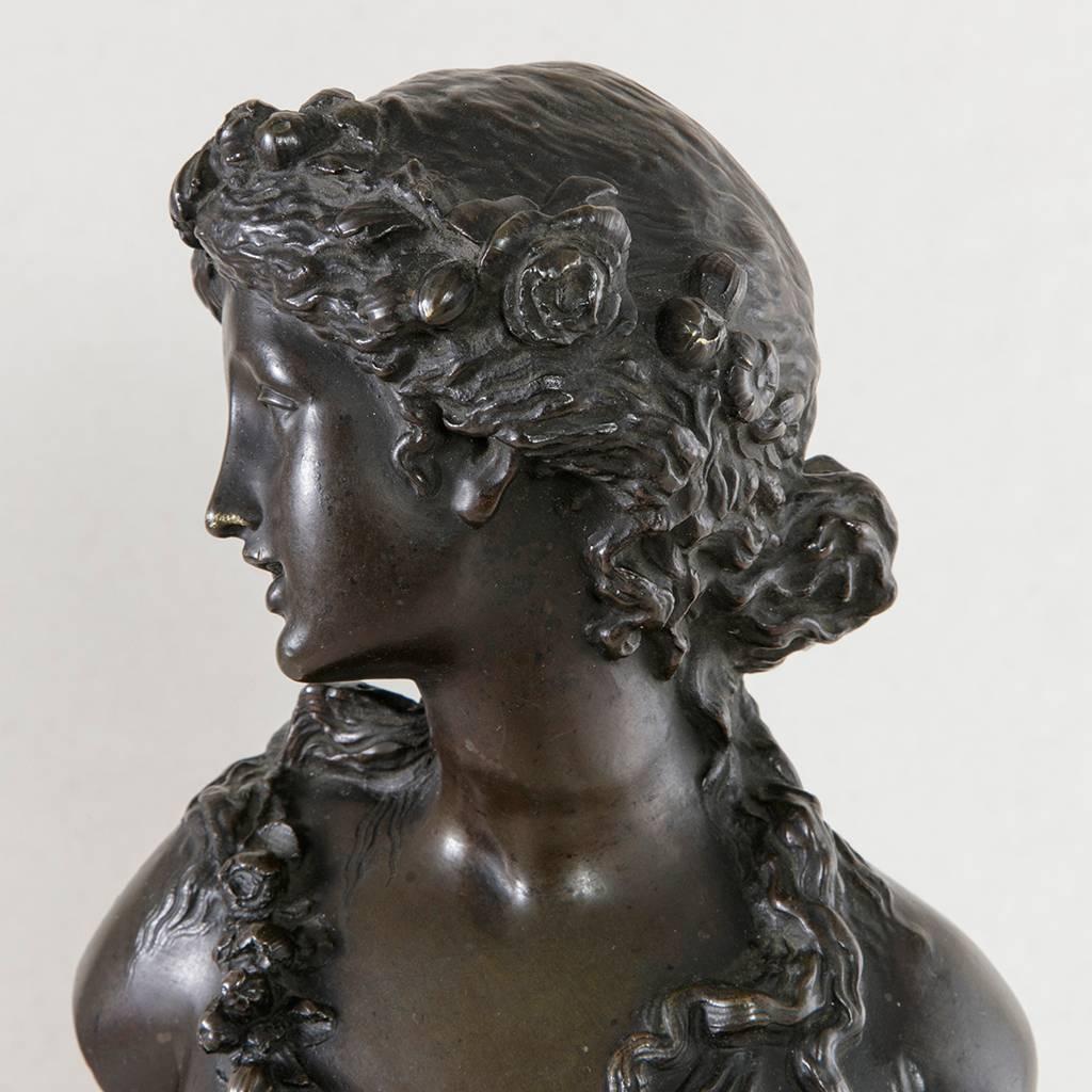 French 19th Century Bronze Bust of a Young Woman on a Marble Column Base J.C. Marin