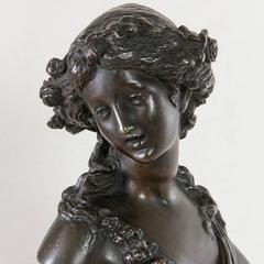 19th Century Bronze Bust of a Young Woman on a Marble Column Base J.C. Marin