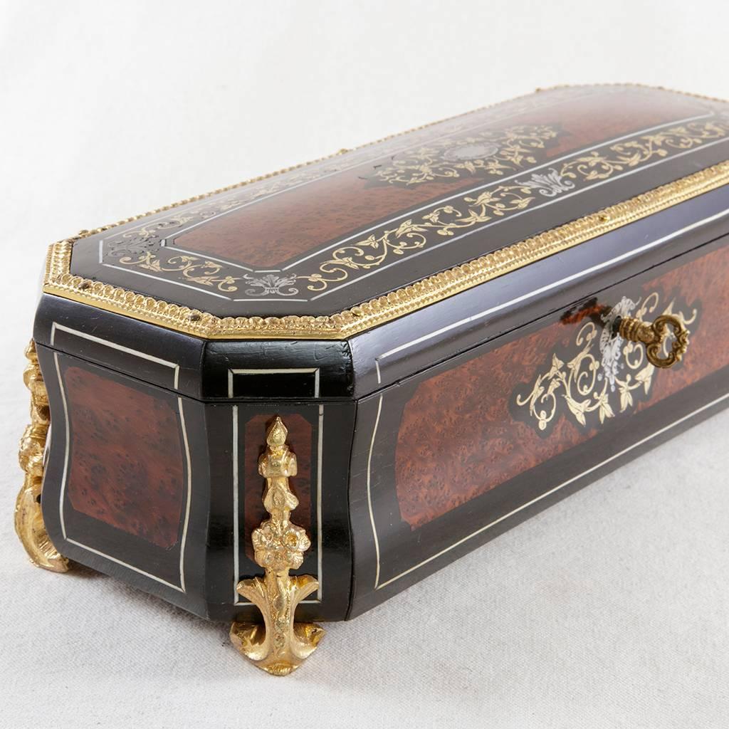 Napoleon III Tuya, Ebony, Bone, Bronze and Silver Inlay Glove Box Satin Interior 1