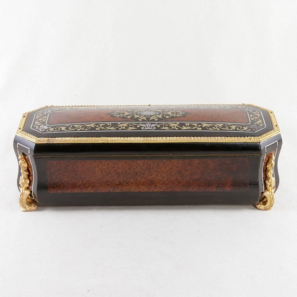 Ebonized Napoleon III Tuya, Ebony, Bone, Bronze and Silver Inlay Glove Box Satin Interior