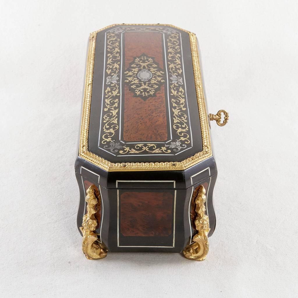 French Napoleon III Tuya, Ebony, Bone, Bronze and Silver Inlay Glove Box Satin Interior