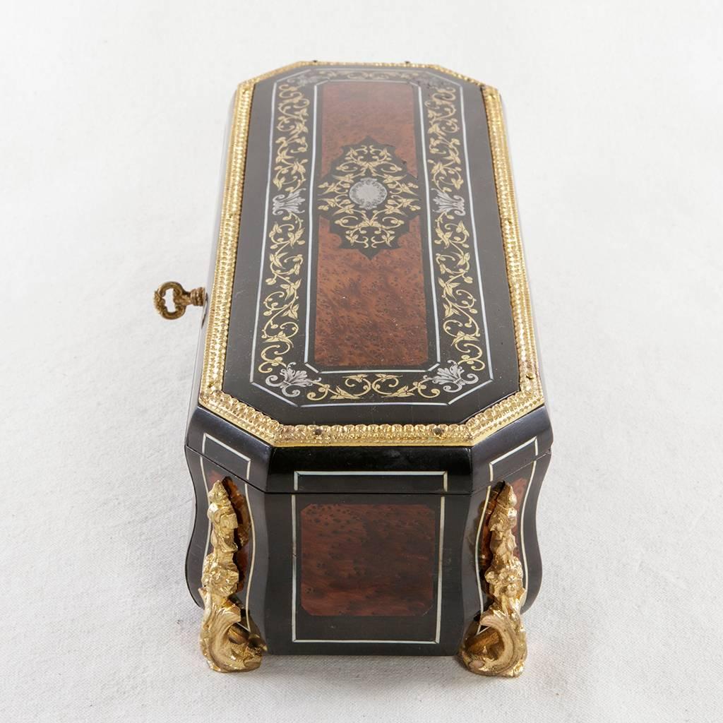Napoleon III Tuya, Ebony, Bone, Bronze and Silver Inlay Glove Box Satin Interior In Excellent Condition In Fayetteville, AR