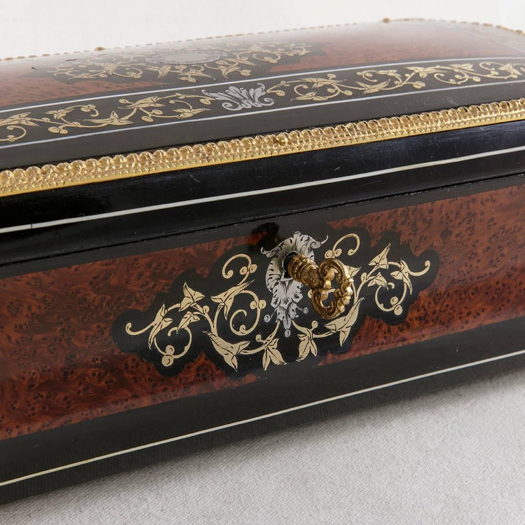 Napoleon III Tuya, Ebony, Bone, Bronze and Silver Inlay Glove Box Satin Interior 2