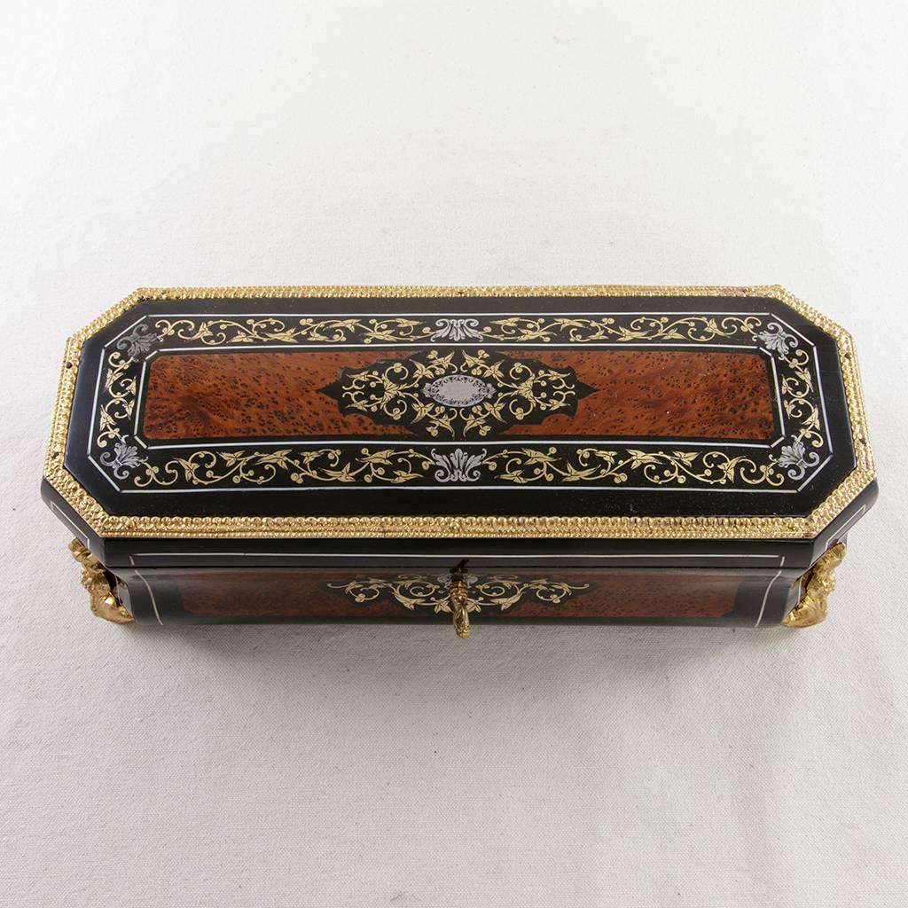 19th Century Napoleon III Tuya, Ebony, Bone, Bronze and Silver Inlay Glove Box Satin Interior