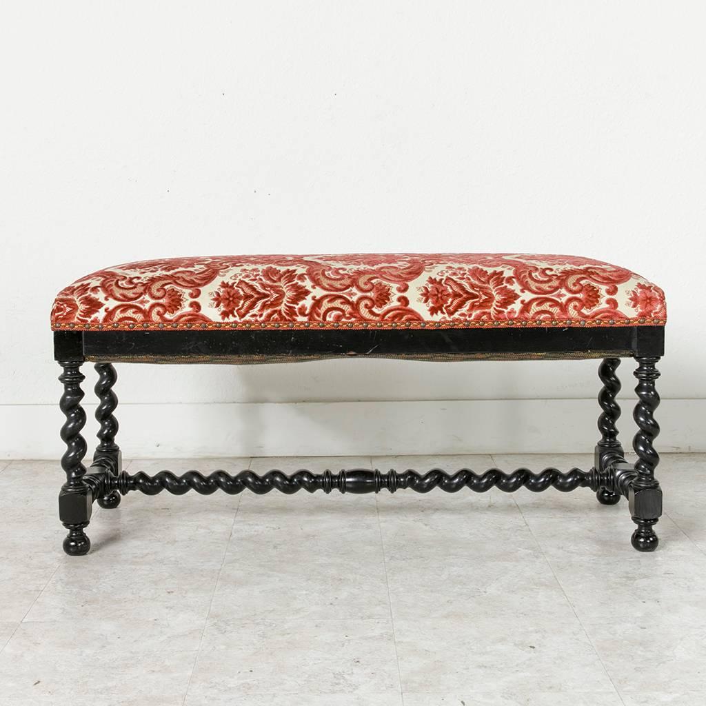 Mid-19th Century French Louis XIII Style Ebonized Banquette or Bench Upholstered In Excellent Condition In Fayetteville, AR