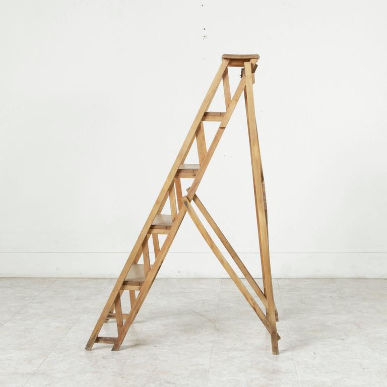Mid-20th Century French Beechwood and Iron Folding Library Ladder ...