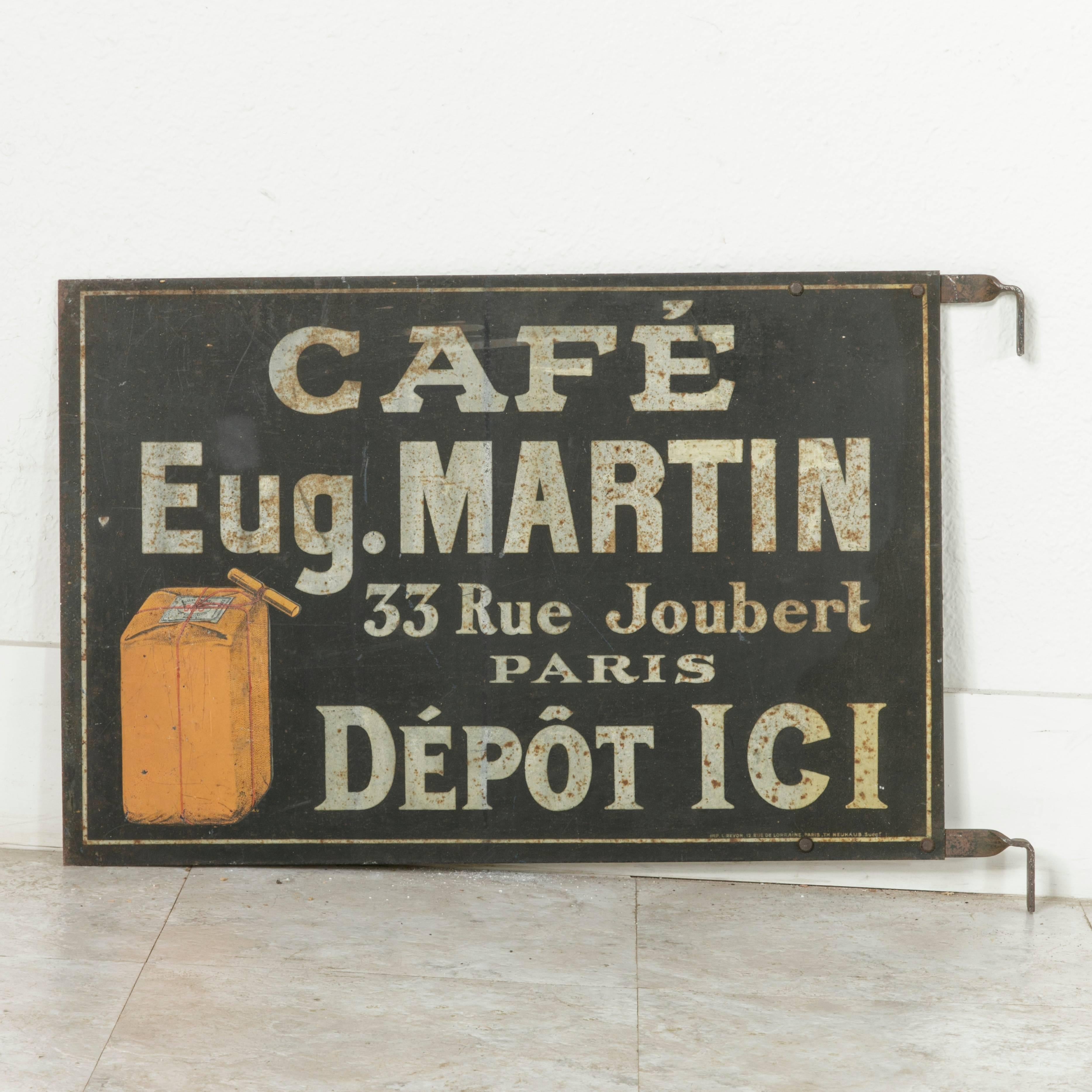 This double faced hand-painted black and white cafe sign from the early twentieth century originally hung outside the Cafe Eugene Martin. Under the name of the cafe is the address, 33 Rue Joubert, in the ninth arrondissement on the right bank of the