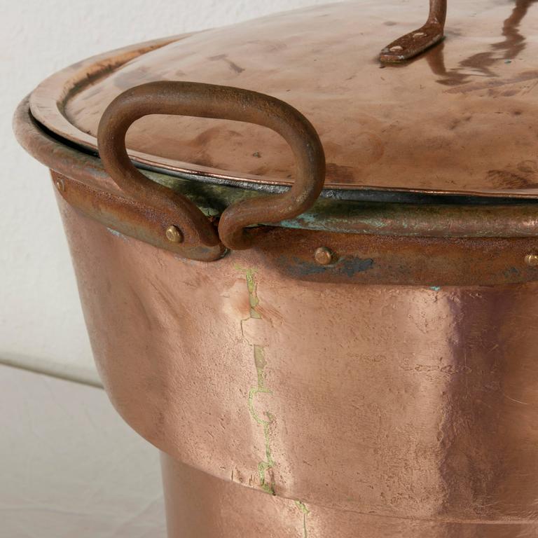 Very Large 19th Century French Copper Stock Pot or Cauldron with Lid at
