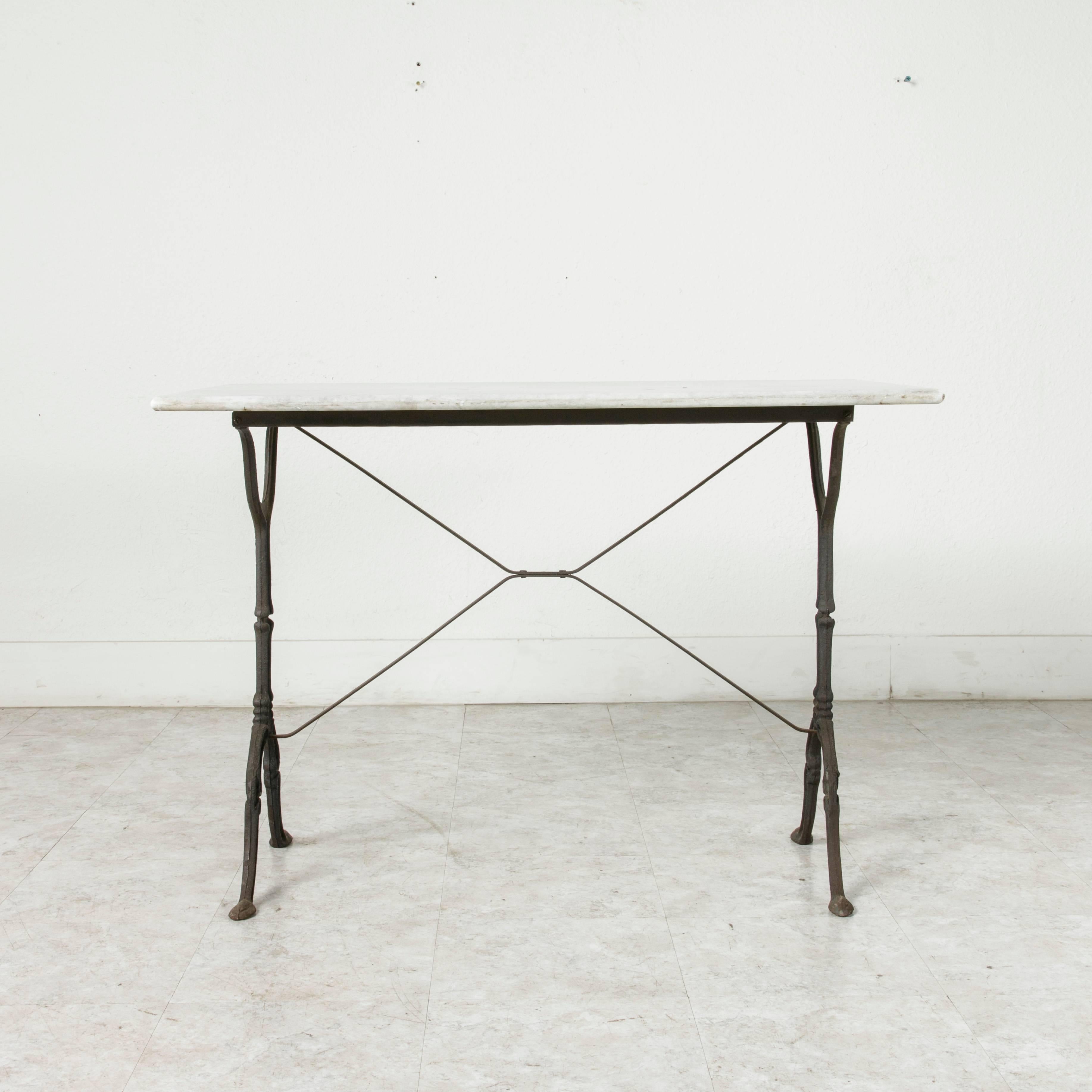 French Mid-20th Century Iron Bistro Table, Cafe Table, Garden Table with Marble Top
