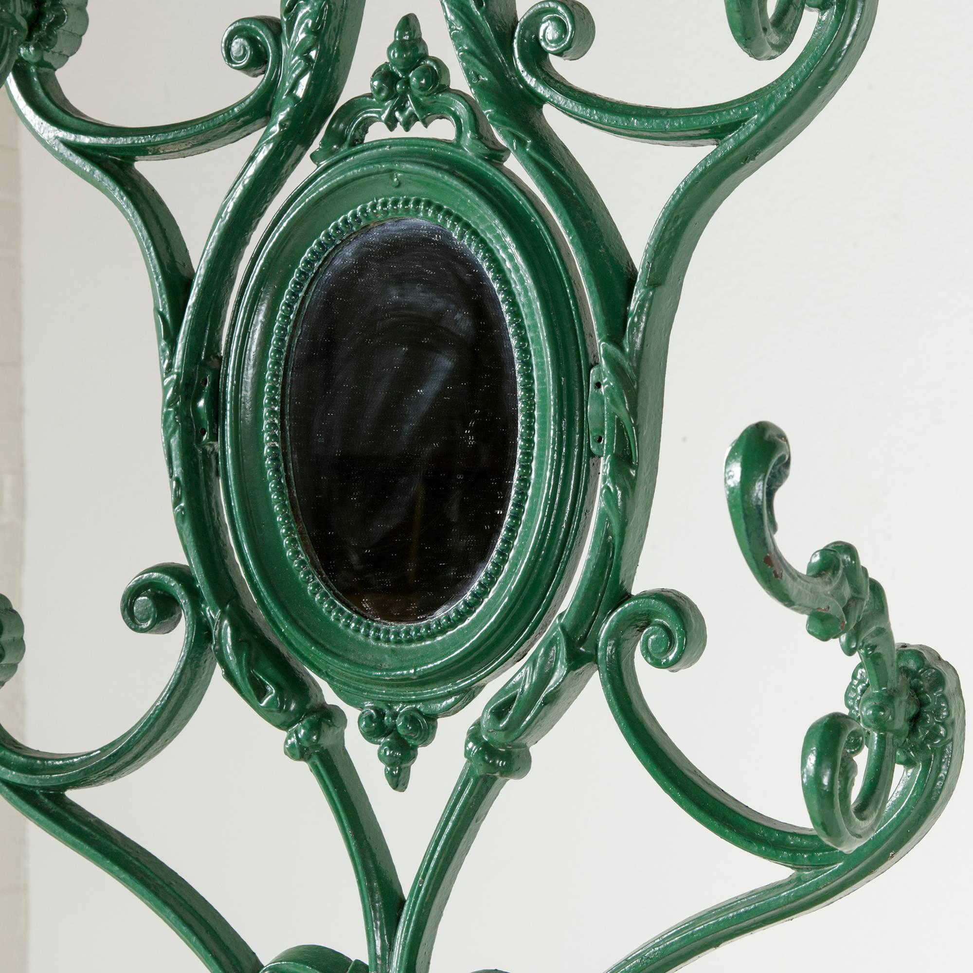 French Late 19th Century Cast Iron Hall Tree with Mirror, Seven Hooks, and Umbrella Pan