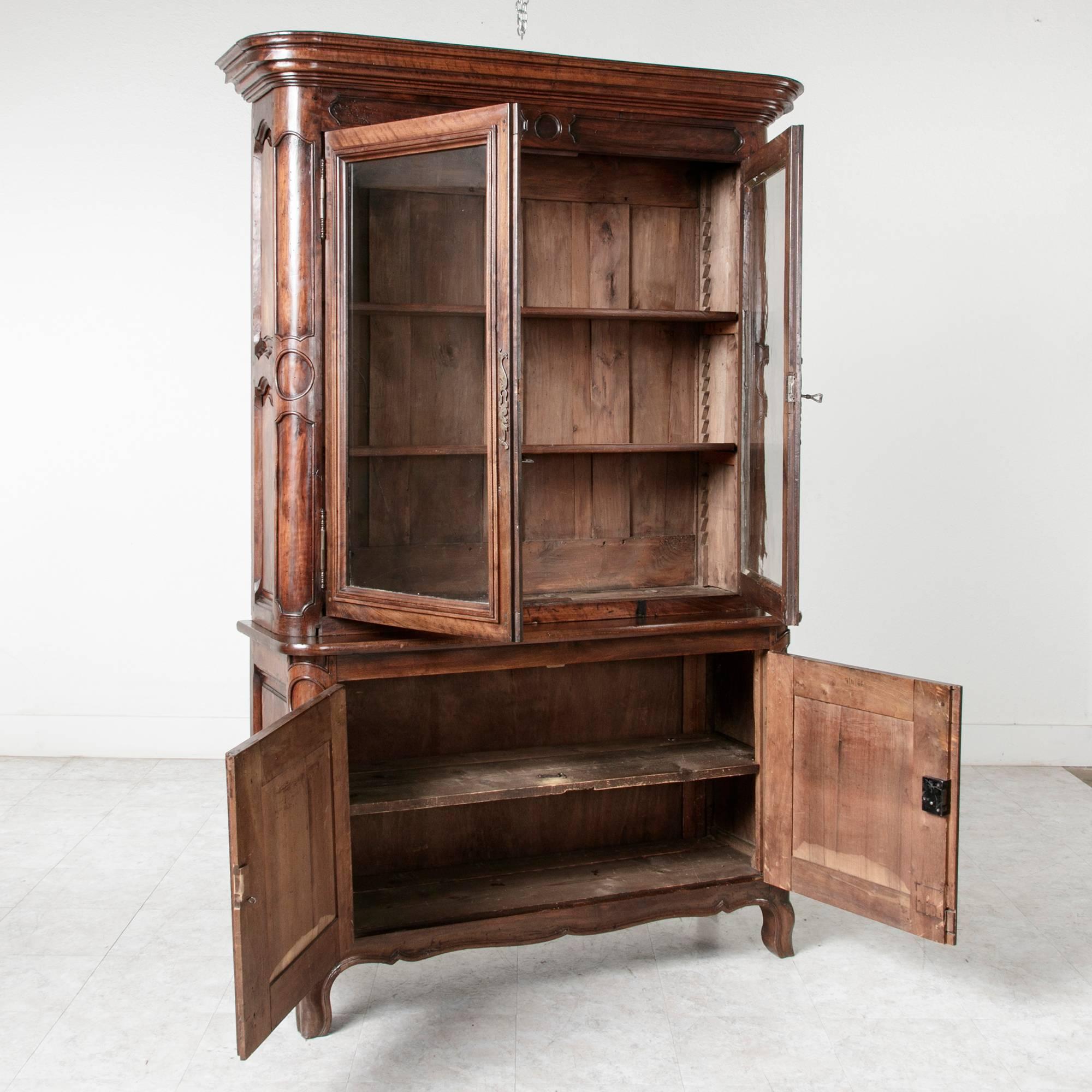 18th Century and Earlier 18th Century French Hand-Carved Walnut Bibliotheque Bookcase, HandBlown Glass