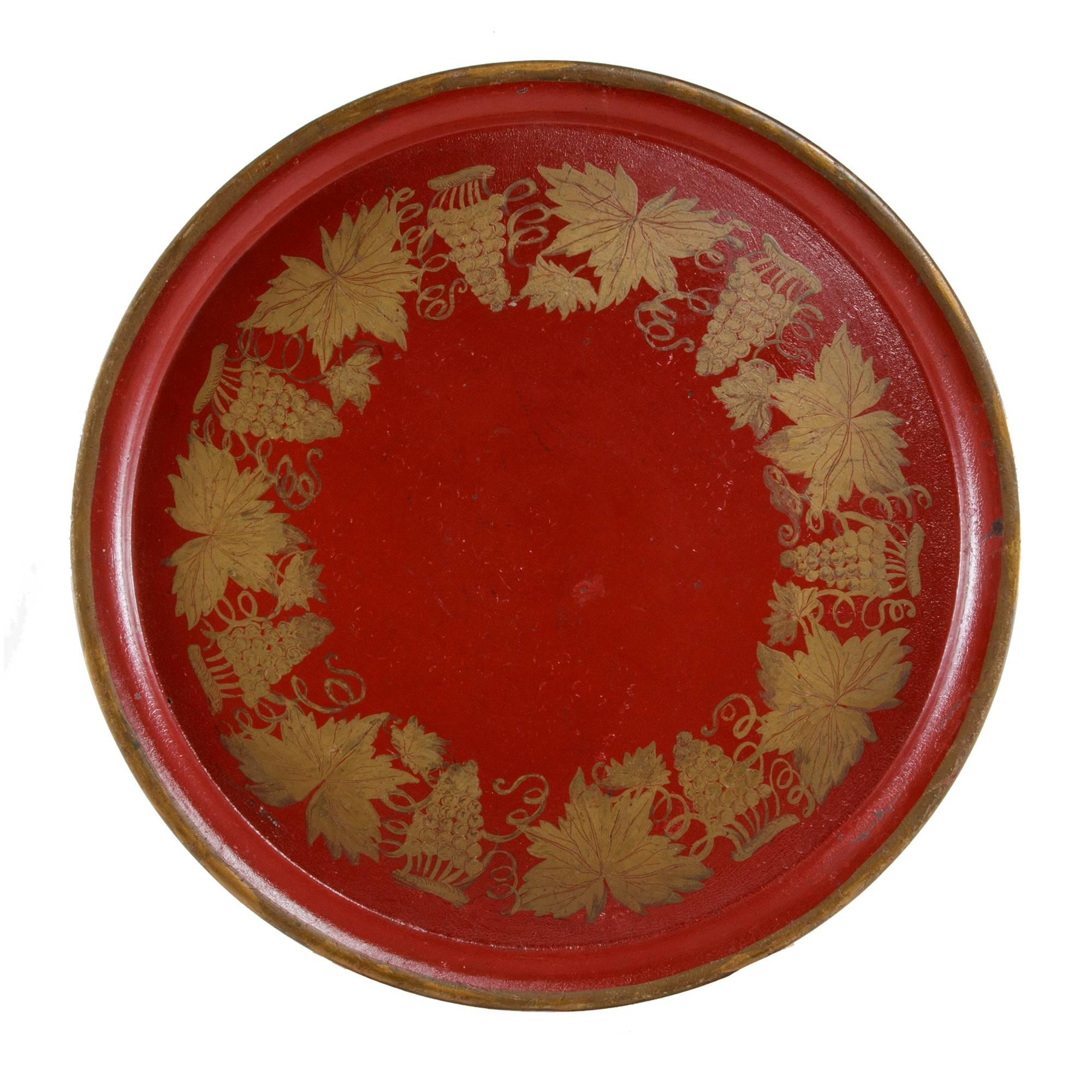 Late 19th Century Napoleon III Period Red Tole Tray with Hand Painted Grapes